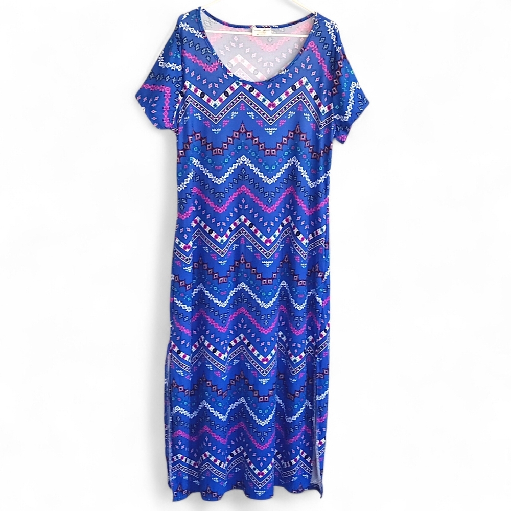Bobbie Brooks Blue Maxi T Shirt Dress Tribal Western Bohemian Colorful Zig Zag - Picture 1 of 9